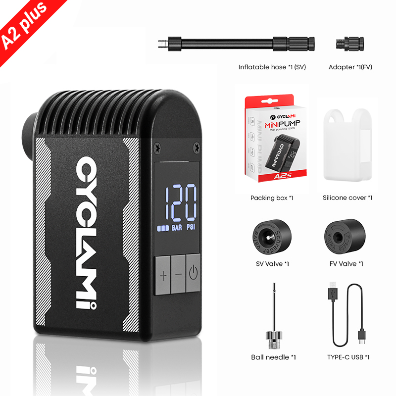 CYCLAMI Mini Tragbare Fahrradpumpe Wiederaufladbarer Luftpumpe 120PSI MTB Rennrad Zubehör für Fahrrad Schrader Presta Reifen A2S