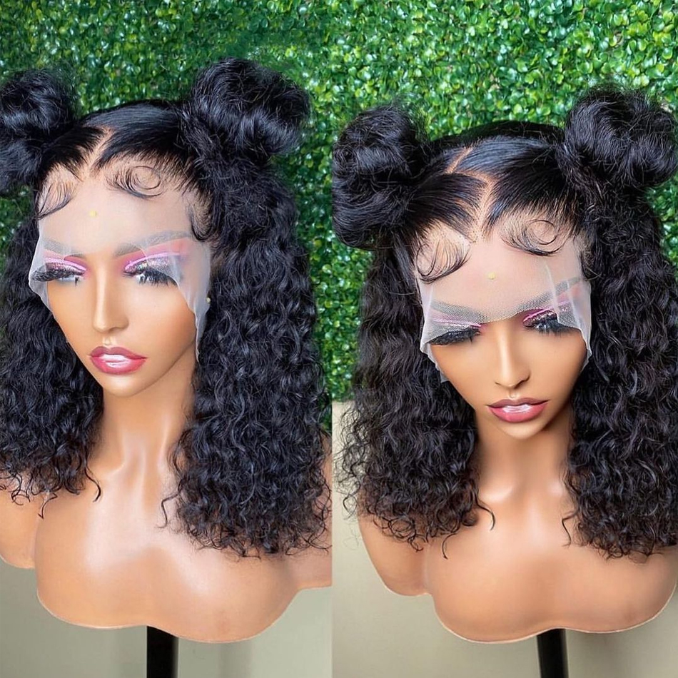 女性用ディープウェーブカーリーヒューマンウィッグ、ショートボブ、透明レース、事前摘み取り、レミー、クロージャー、4x4、13x4