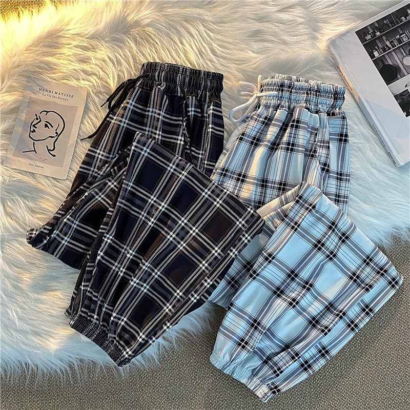 Pants Women New Bunch of Feet Fashion Loose Black Plaid Summer Harajuku Students Streetwear Harem Long Trousers Womens Chic