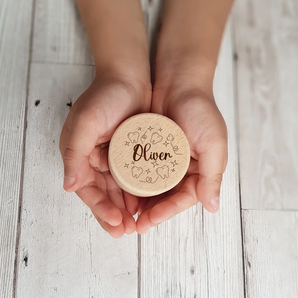 Caixa de fada de dente personalizada, redonda, de madeira, suporte de fada de dente, presente de aniversário para meninas e meninos, nome personalizado, caixa de dente de leite