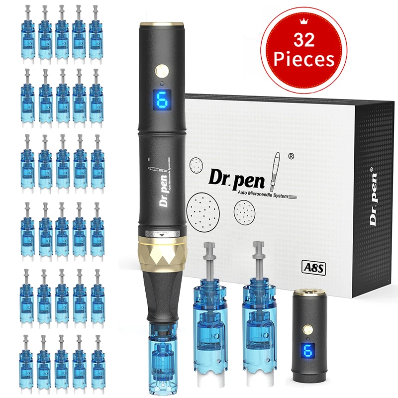 Dr pen a8s sem fio misroneedles derma caneta a8 com 32 peças cartuchos de agulha dr caneta 6 velocidade digital máquina de beleza