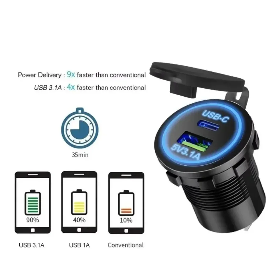 Universele autolader snel opladen motorfiets auto sigarettenaansteker LED-licht USB TYPE-C oplader stopcontact voor auto vrachtwagen
