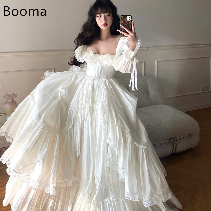 Booma Abiti da sposa semplici a trapezio Abito da sposa con fiocco a maniche lunghe in pizzo lungo fino al pavimento Realizzato su misura 2025