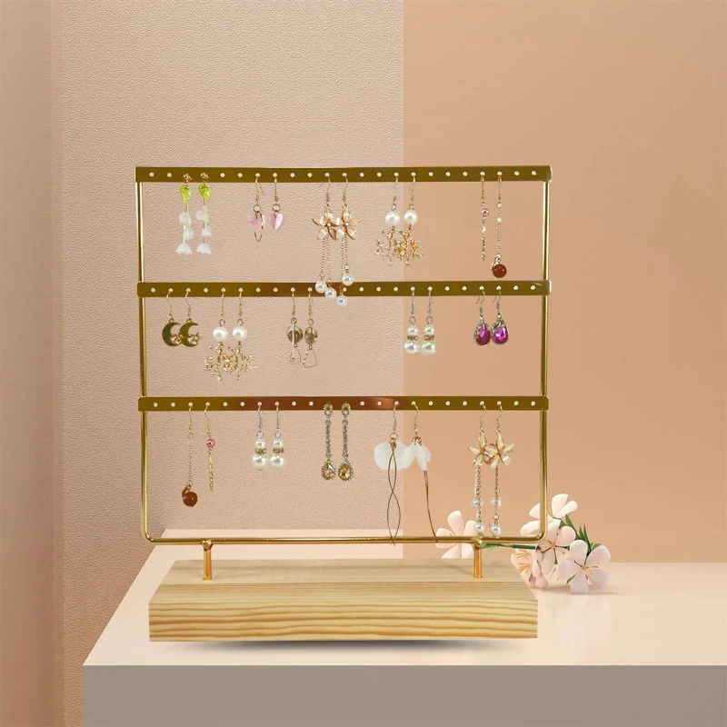 Ohrringständer, Holzsockel, Schmuckhandtuch mit Löchern, hängender Schmuck-Organizer, großer Metallhalter für Ohrringe, Ohrstecker, Halskette