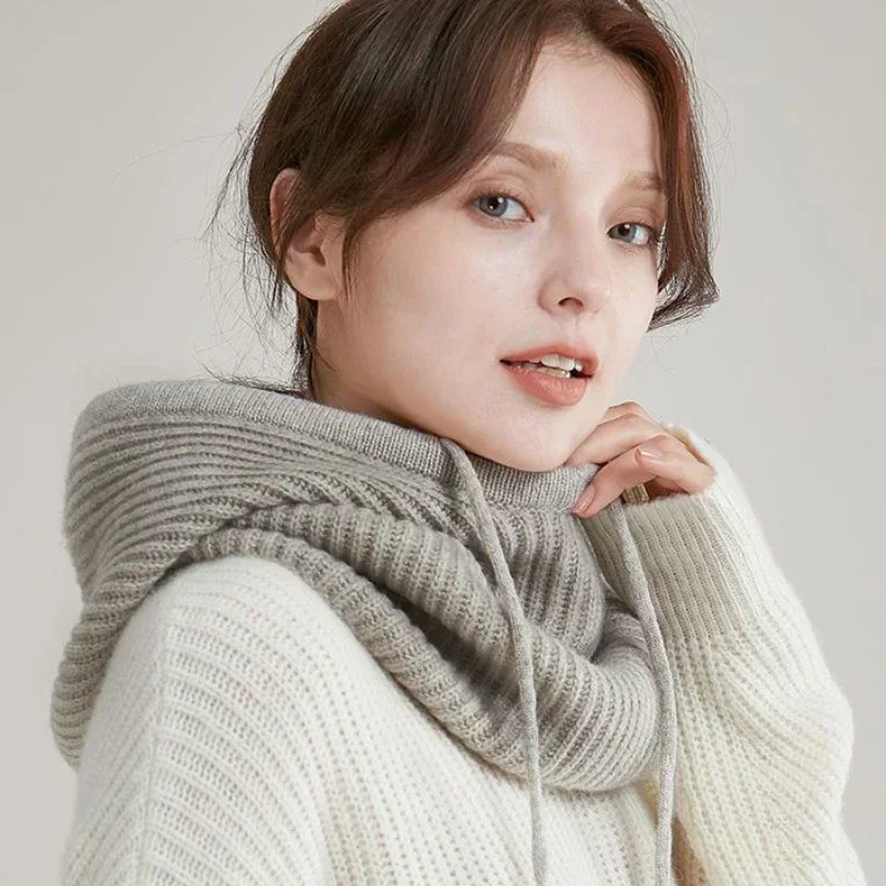 Gorro de punto Unisex para hombre y mujer, gorro con cuello y capucha de Cachemira sintética, gorro grueso con cordón para la cabeza, gorro elástico ajustable, 2024