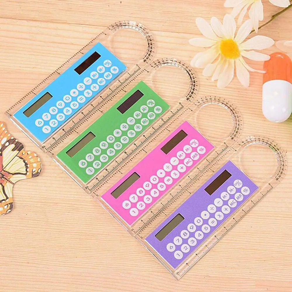 Mini calculadora de regla transparente Solar multifunción, práctica y Universal, con lupa, útiles escolares para estudiantes para oficina