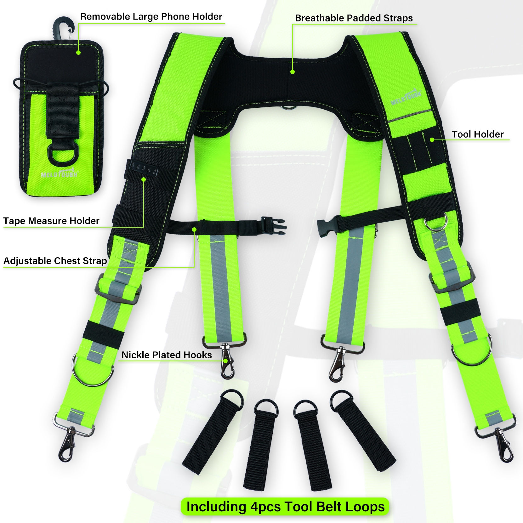 MELOTOUGH 반사 안전 공구 벨트, 슬링 건설 가방, 슬링 패딩 작업 벨트 (높은 가시성)