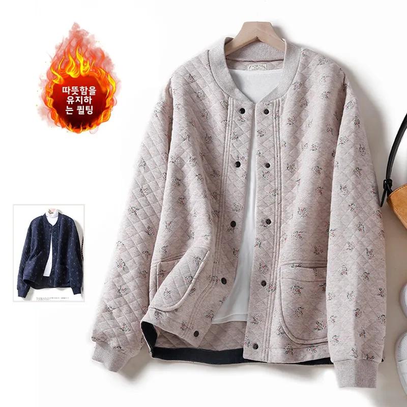 Plus Size Autumn Winter Thickened Cotton Printed Baseball Jacket Women's Loose Short Sle Stand Collar Open Cardigan Slish Com...