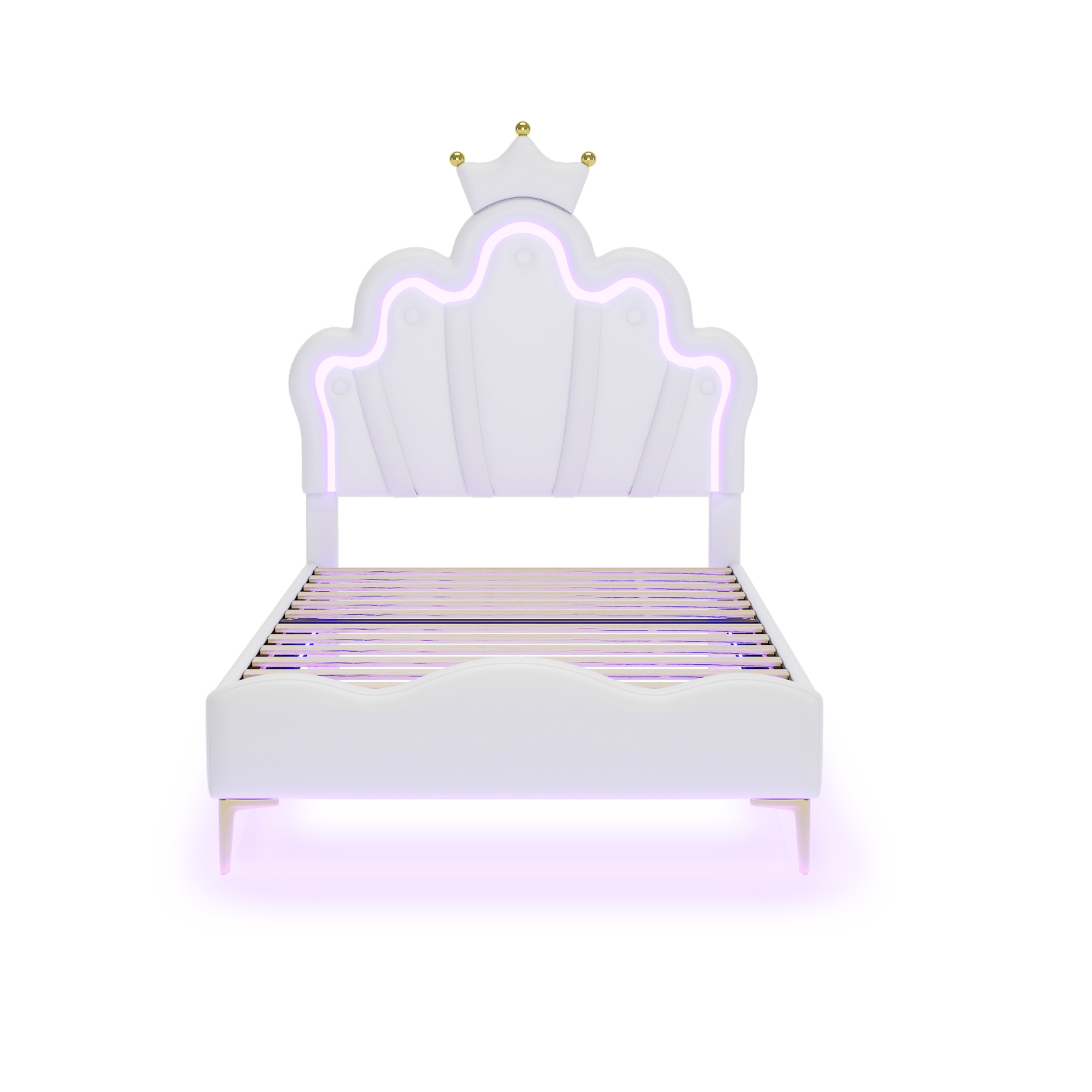 Comanlai-Cama infantil com luz LED, cabeceira em forma de coroa, cama estofada em couro PU, branco, 90x200cm