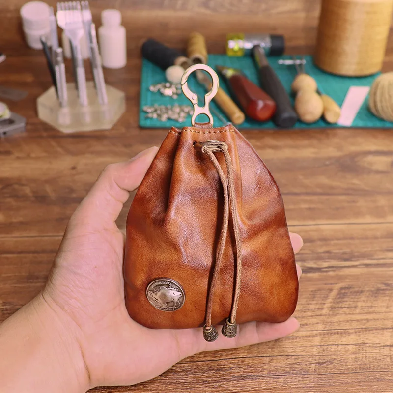 Tas kunci mini vintage wanita dari kulit sapi lapisan pertama yang diolah dengan bahan nabati, tas kartu, dompet koin, tas penyimpanan.