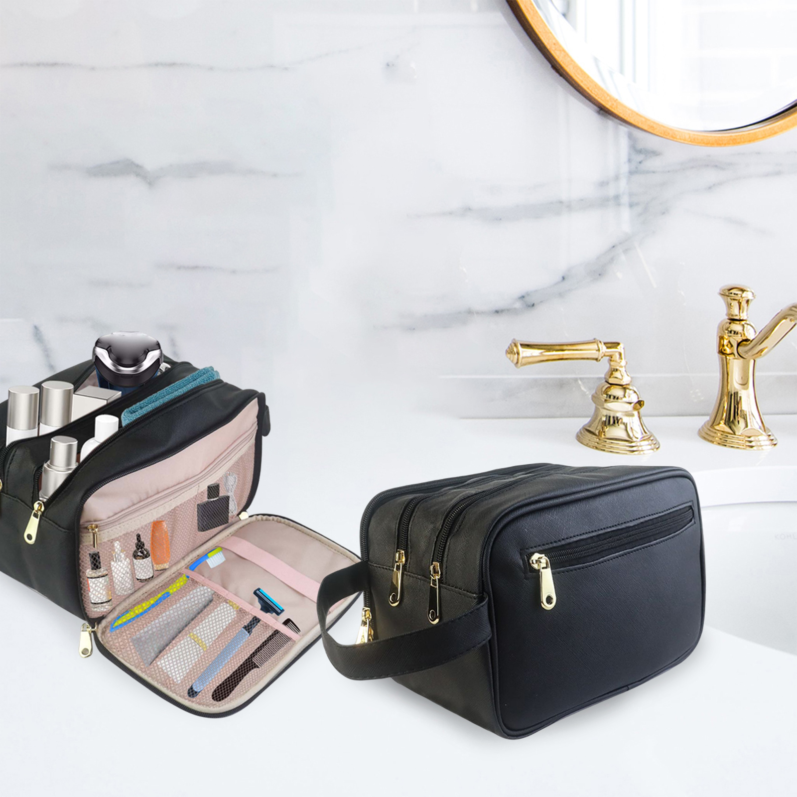 Multifunktionale PU Leder Kulturbeutel für Männer Wasserdicht Make-Up Organizer für Bad Dusche Travel Kultur Zubehör