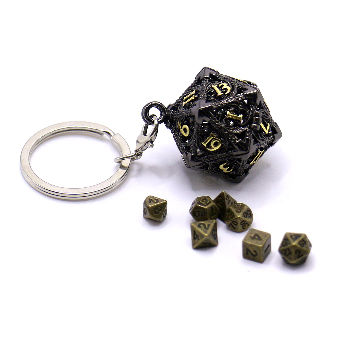 D20 メタル中空ボックス + 7 個のメタルダイスセット、ポータブルボードゲームダイスミニキット、ダークネスブラッドステインスタイルダイスペンダント