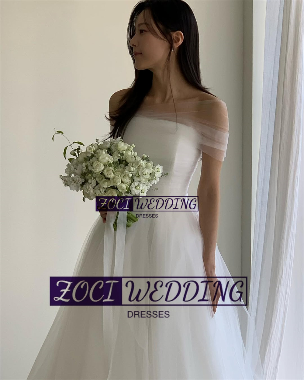 Zoci Elegant Strapless Korea A Line Wedding Dresses Shoulder Cape Photo Shoot Dress Customized Draped Tulle Backless Bridal Gown