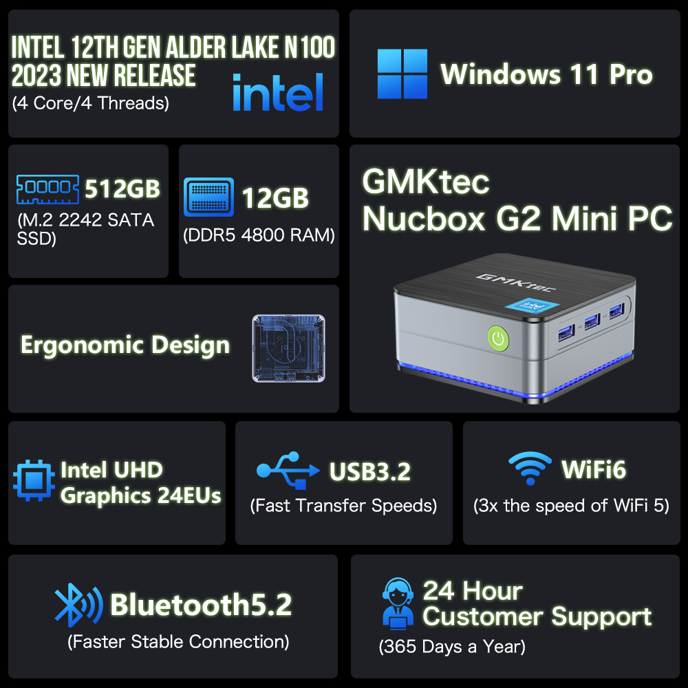 GMKtec G2 Mini PC Windows 11 Pro Intel 12th Gen Alder Lake N100 Mini PC DDR5 12GB RAM 512GB ROM WiFi 6 BT5.2 Desktop Computer