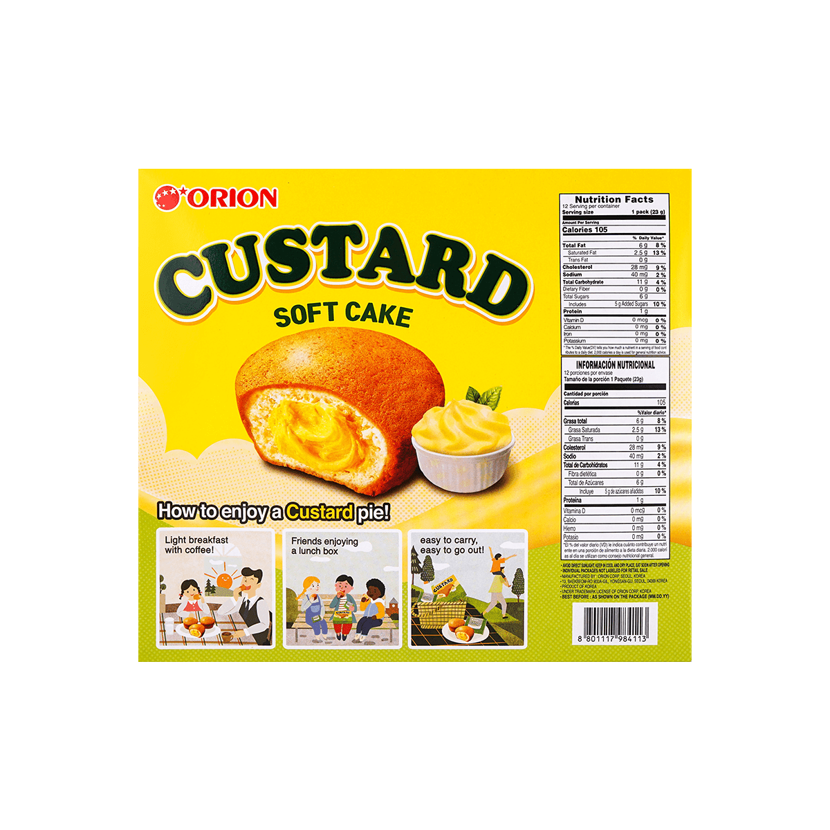 [8Packs] ORION Soft Custard Cream Cakes - Korean Dessert, 12 Pieces, 9.73oz*8Packs