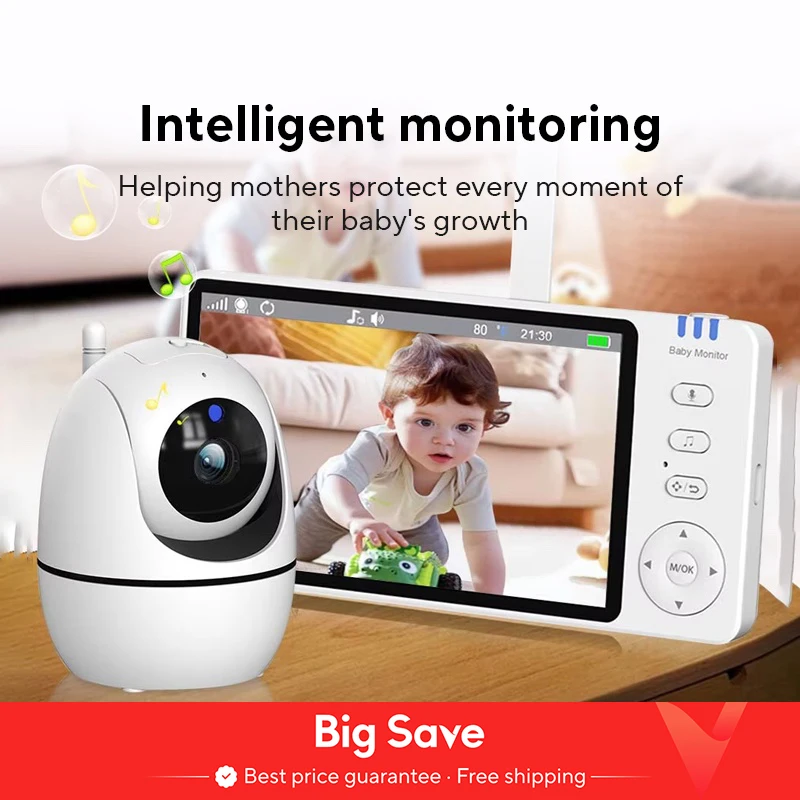 5-Zoll-Video-Babyphone mit Kamera, PTZ-Zoom, Babyphone-Kamera, Sicherheitsschutz, Überwachungskameras, Temperatursensor, Schlaflied