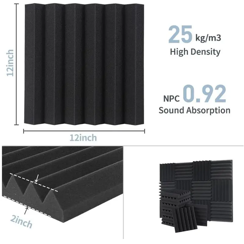 A31Z-12 Piece Acoustic Foam Panels Black Wedges Soundproof Foam Panels High Density Foam Fire Resistant Foam