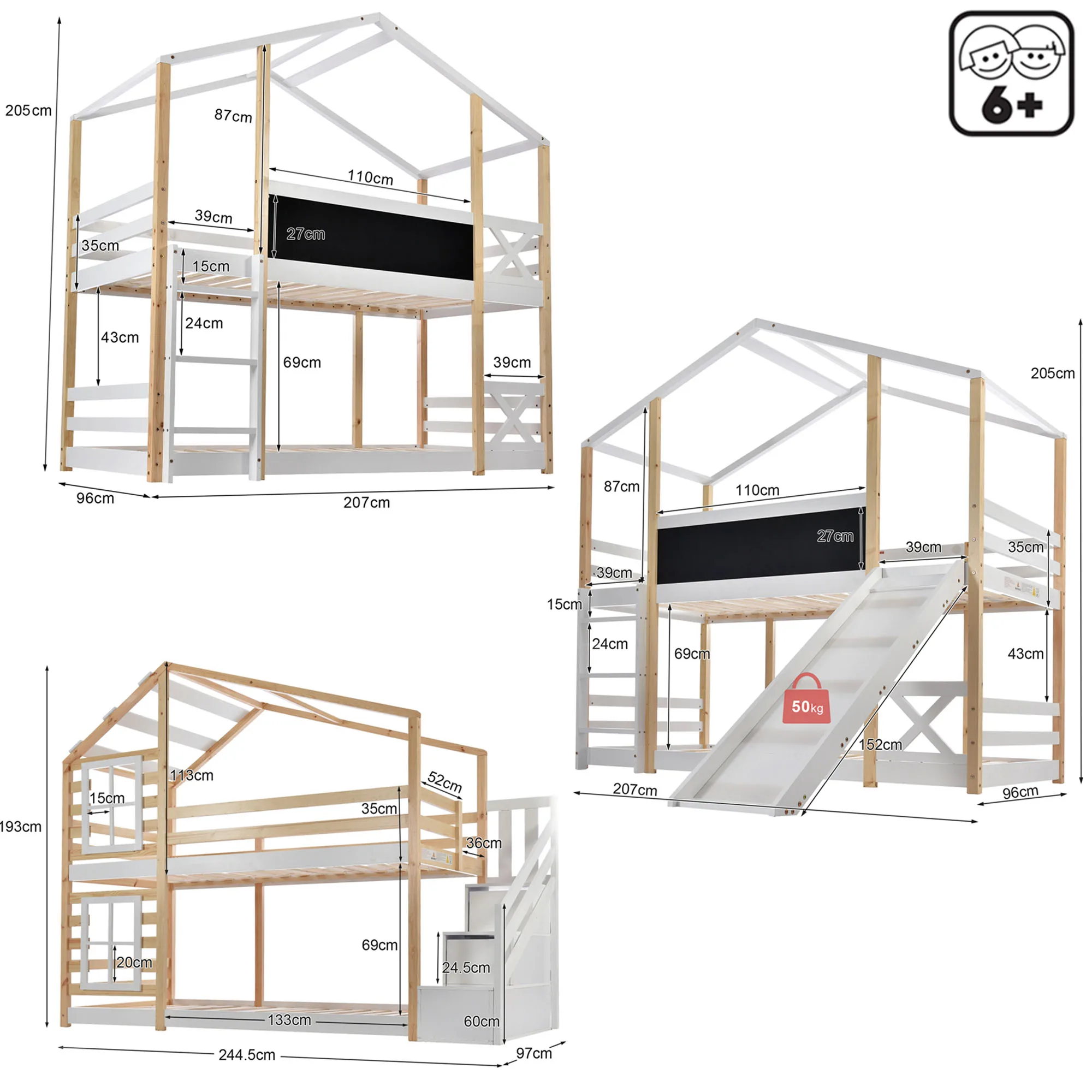 Estrutura de cama Tree House com gaveta, beliche para 2 crianças, estrutura de cama infantil com escorregador e quadro negro, 90x200cm