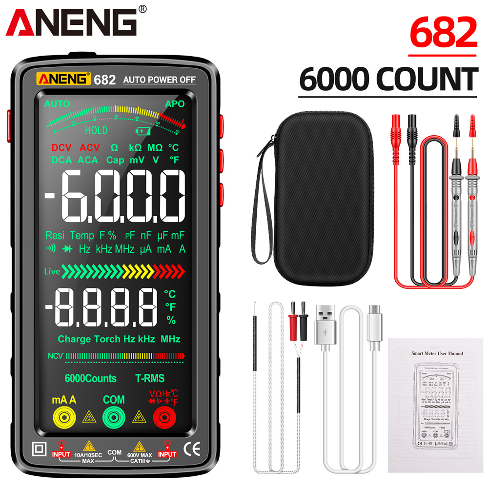 Aneng 681/682/683เครื่องทดสอบกระแสไฟฟ้าแบบไม่สัมผัส, เครื่องทดสอบแรงดันไฟฟ้าดิจิทัลมัลติมิเตอร์แบบมืออาชีพชาร์จไฟได้เครื่องทดสอบกระแสไฟฟ้าหน้าจอ LCD มิเตอร์วัดกระแสไฟไฟฟ้ากระแสตรง/กระแสสลับ