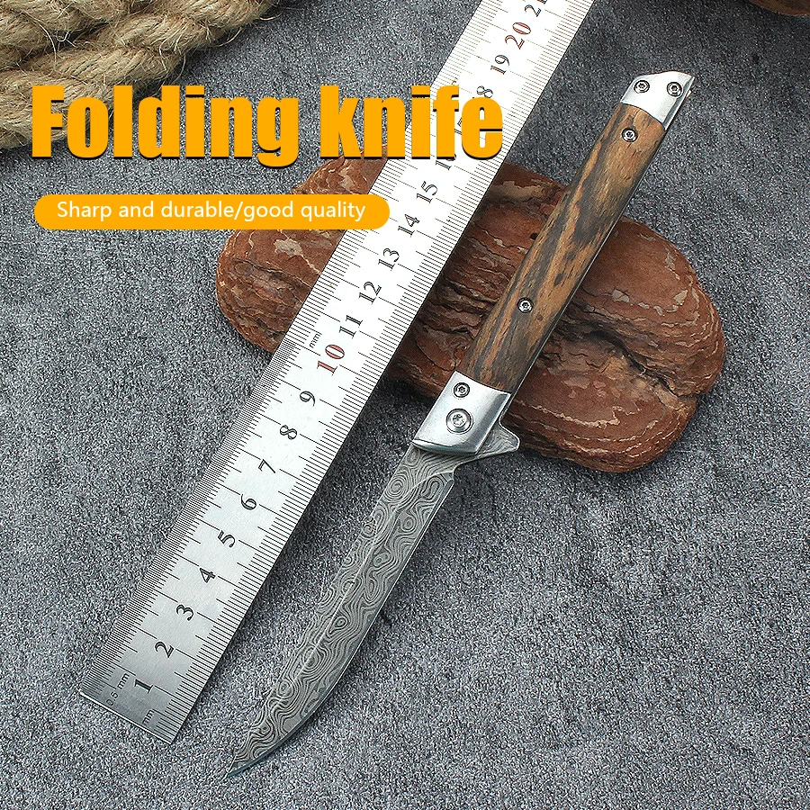 Coltello tascabile portatile Damasco Coltello da sopravvivenza Coltello pieghevole Coltello tattico esterno Coltello da campeggio di sopravvivenza Manico in legno