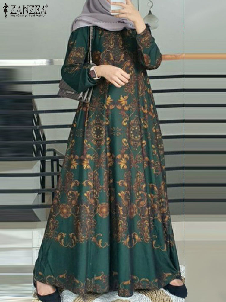 ZANZEA Vintage Türkei Muslimischen Kleid Frau Lange Hülse O-ansatz Kleider Elegante Party Maxi Robe Böhmischen Floral Gedruckt Sommerkleid