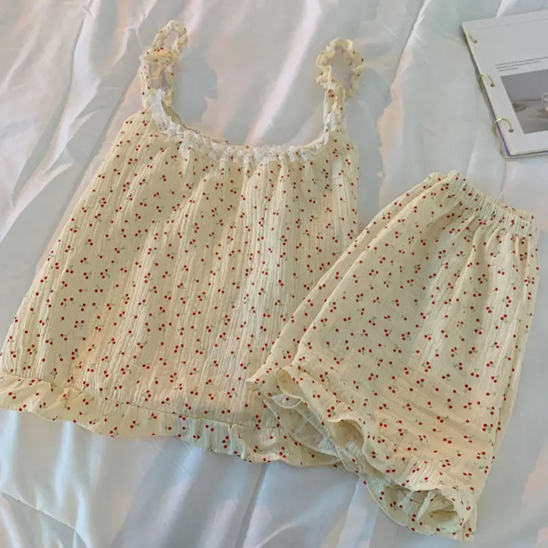 Pijamas de Verão em Aodão Puro Estilo Ins para Mulheres, Roupas de Casa com Alças Doces, Calças Curtas, Estilo Sexy Novo, E...