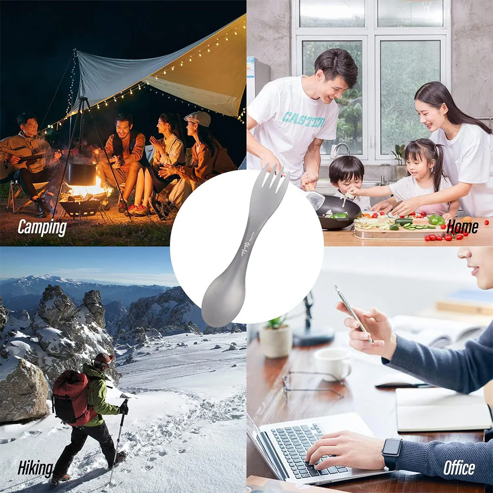 2 ชิ้นไทเทเนียม Spork 2-in-1 ช้อน Ultralight เครื่องครัวแบบพกพามีดส้อมกลางแจ้ง Camping Picnic Travel เป็นมิตรกับสิ่งแวดล้อม Flatware