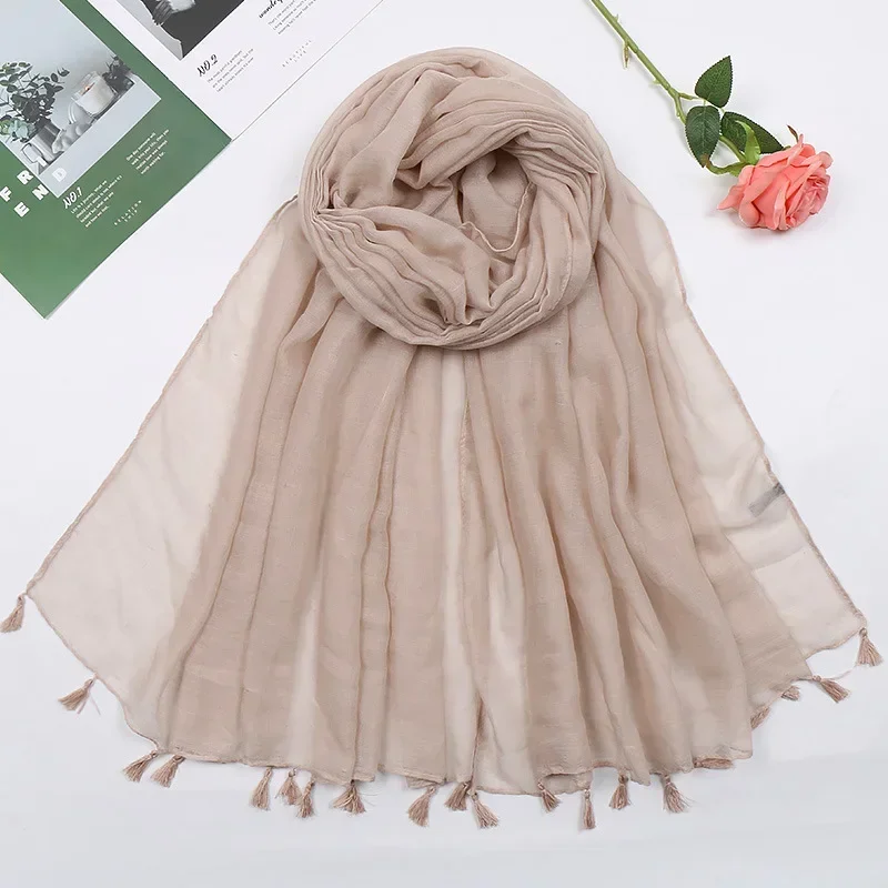 Moda feminina viscose hijab cachecol borla xale macio muçulmano bandana longo foulard pashmina femme bandanas cabeça envolve turbante mujer