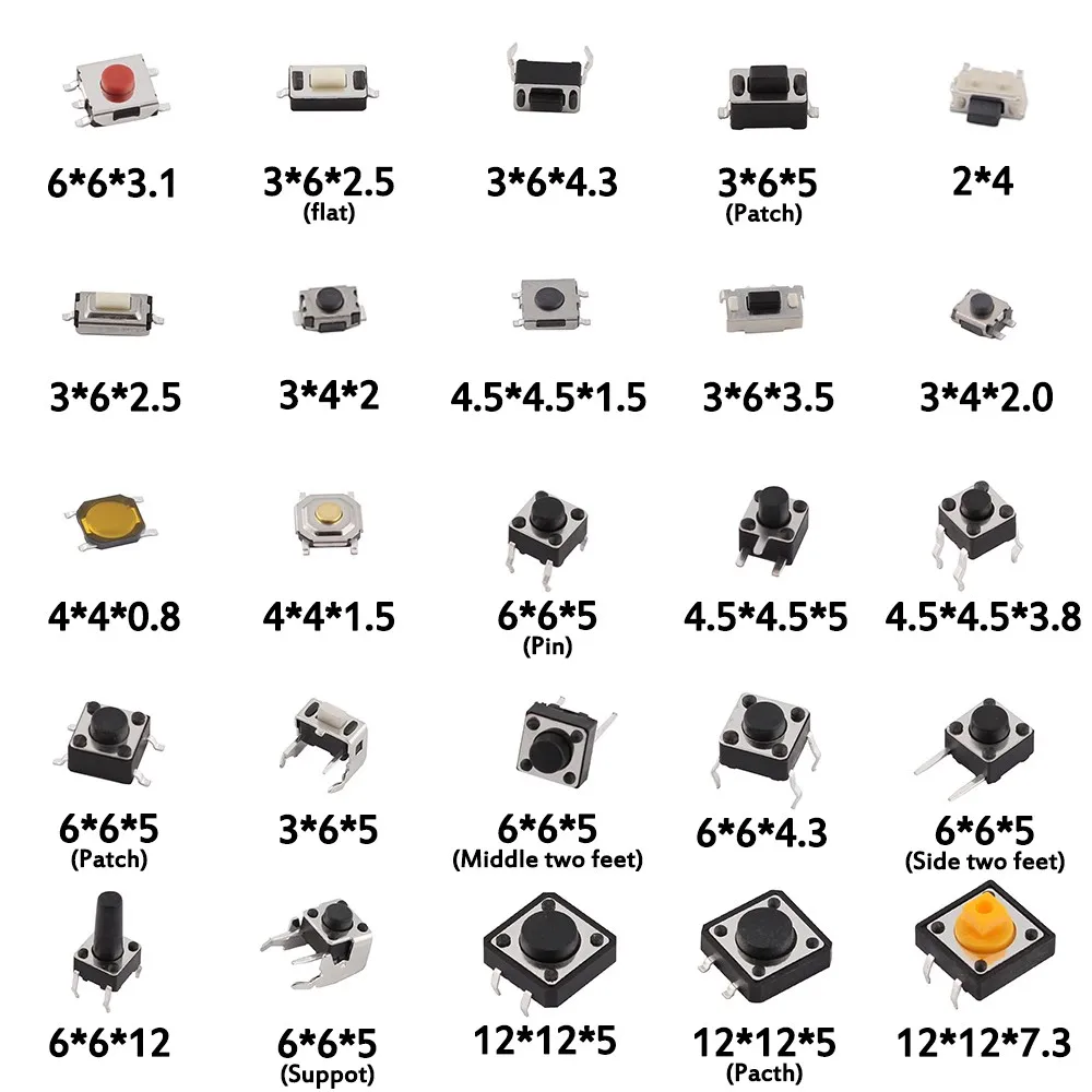 Kit de interruptor táctil de microbotón surtido de 125 Uds-25 tipos, incluido reinicio y Mini interruptores de hoja, SMD/DIP 2*4 3*6 4*4 6*6