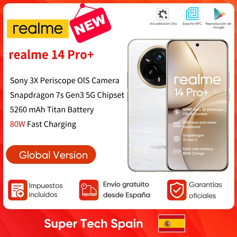 Versione globale realme 14 Pro+ 5G Smartphone Sony 3X Periscope OIS Fotocamera Snapdragon7s Gen 3 80W SUPERVOOC Carica IP69