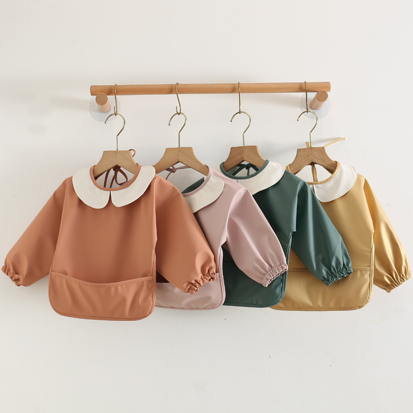 簡単にきれいな PU フルスリーブよだれかけベビーキッズ無地ソフトフェイクレザー子供エプロン絵画食事保護防水スモック