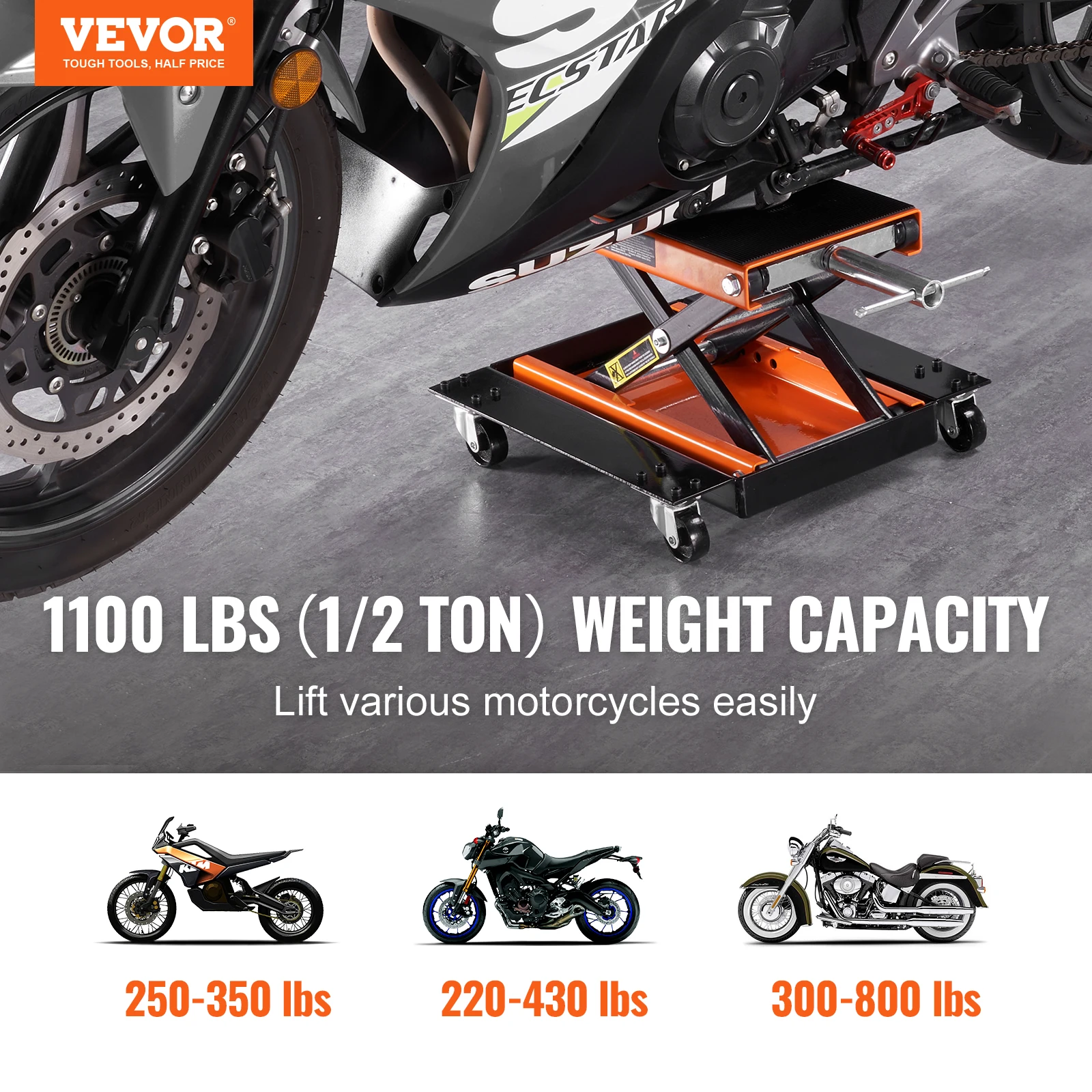 VEVOR – cric de levage à ciseaux pour moto, capacité de 350/1100/1500 LBS, avec pont large et goupille de sécurité pour vélos et motos