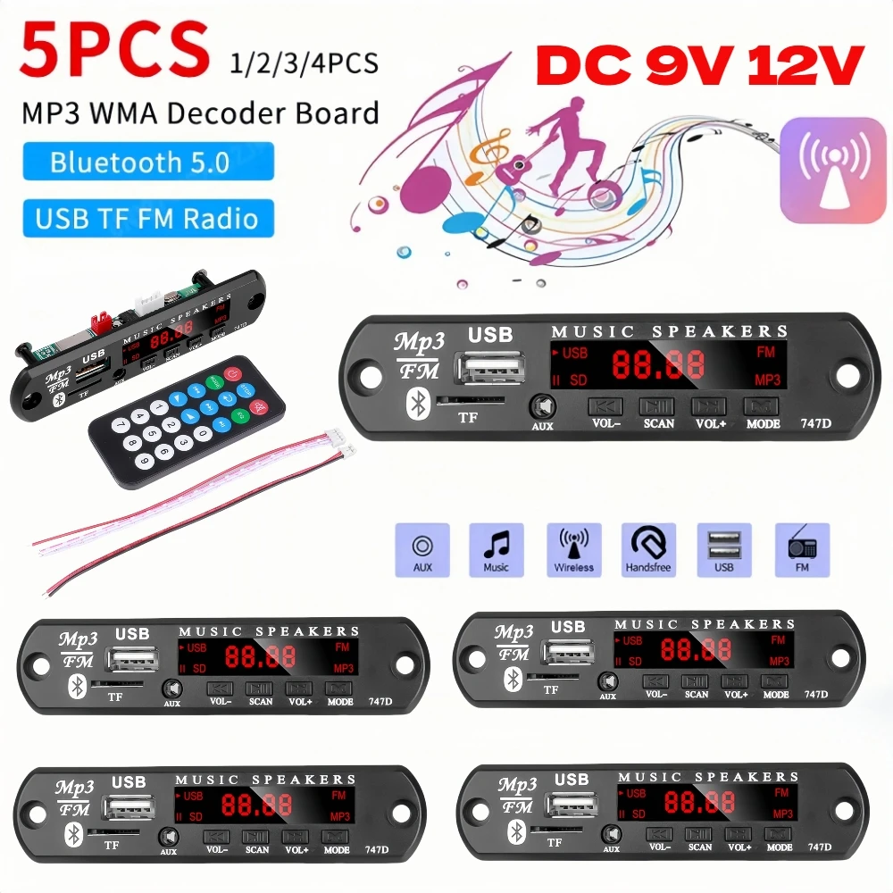 1-5 uds 9V 12V MP3 WMA placa decodificadora USB AUX TF FM Radio Bluetooth 5,0 módulo de reproductor de música inalámbrico sin pérdidas con Control remoto