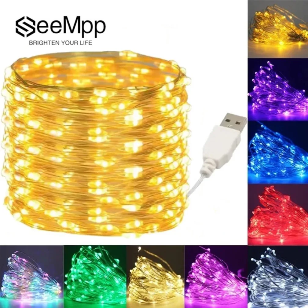 Guirnalda de luces LED USB de 20M, 200LED, alambre plateado, guirnalda de luces para exteriores, luces de hadas impermeables para decoración del banquete de boda y Navidad