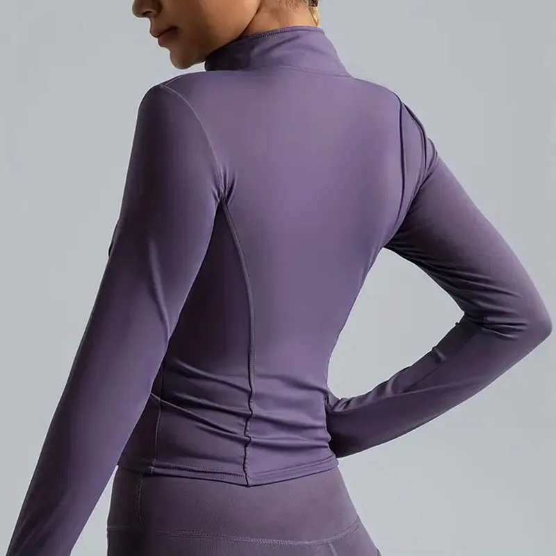 Damen-Laufjacke mit Reißverschluss, leichte, dehnbare Laufjacke mit Daumenlöchern, Stehkragen, atmungsaktive Yoga-Sportbekleidung