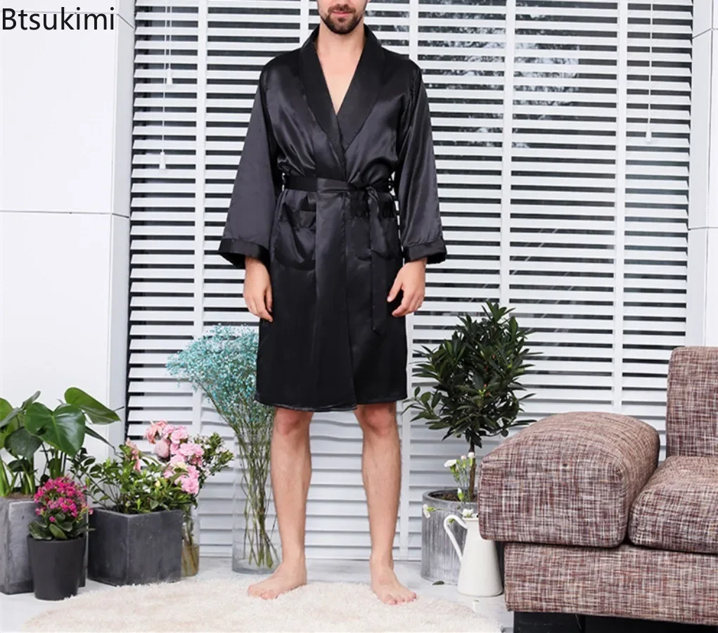 2025 ชายฤดูร้อนบางชุดนอน Robes ผู้ชาย Homewear แขนยาวเสื้อคลุมอาบน้ํากิโมโนผ้าไหมสีดําซาตินชุดนอนชาย Lounge ชุดนอน