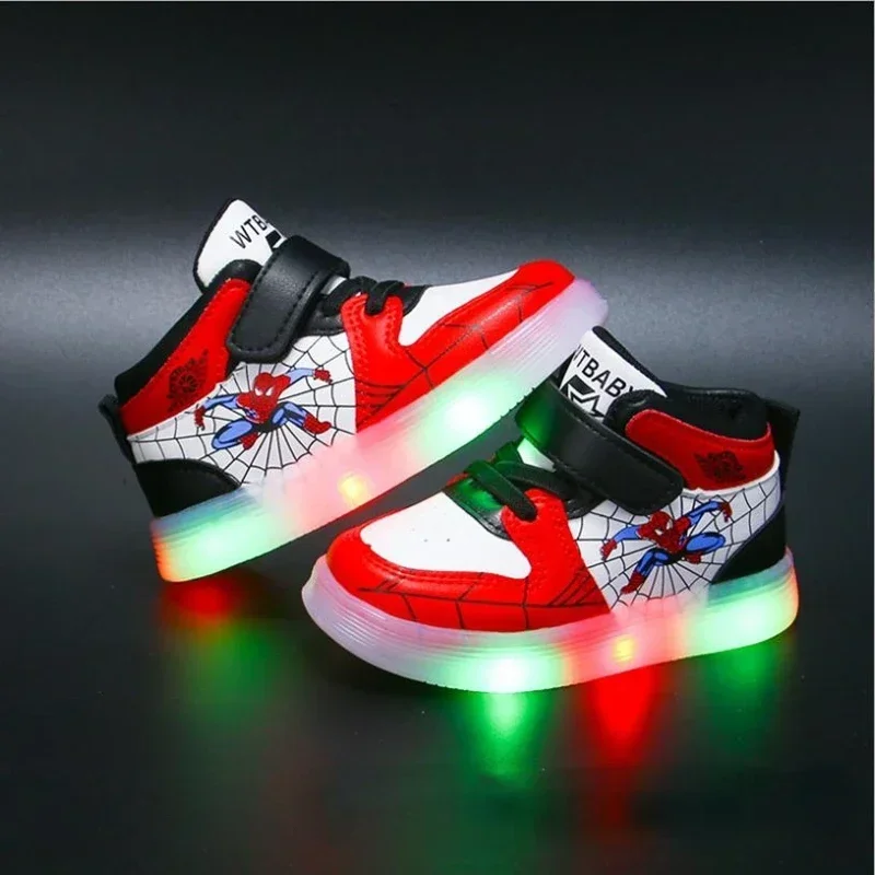 Disney crianças sapatos de luz led moda aoger spiderman meninos tênis meninas cartton sapatos casuais respirável crianças sapatos esportivos