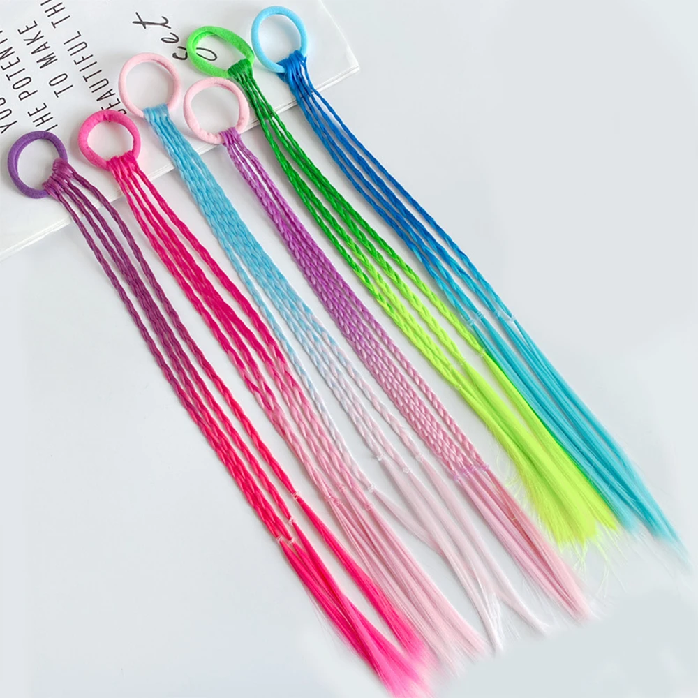 Extensões de cabelo de tranças coloridas sintéticas com faixas de borracha arco-íris trançado rabo de cavalo acessórios de cabelo para crianças meninas