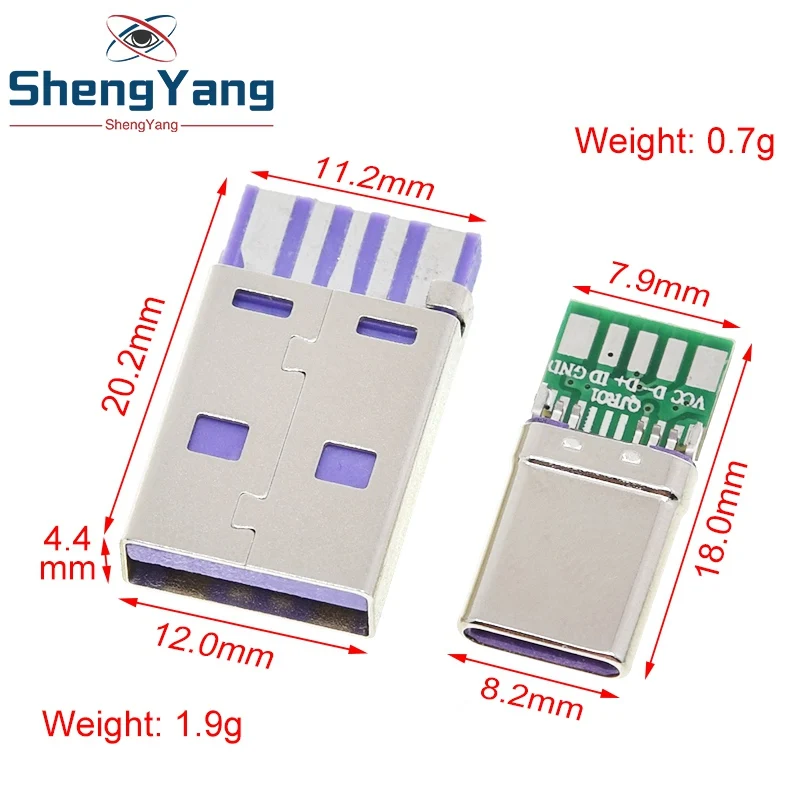 TZT 1 Juego de carga rápida tipo C USB 65W 5A conector macho soldadura con PCB de 5 pines + tipo A macho 6 pines USB DIY OTG carga de datos KIT de bricolaje