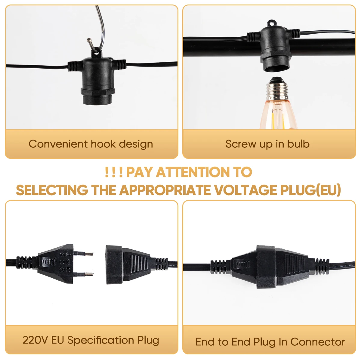 E27 Outdoor String Light Stringer E26 Light Socket Stringer EU Set Spool Black Lights String Wedding Patio Event Lighting Decor
