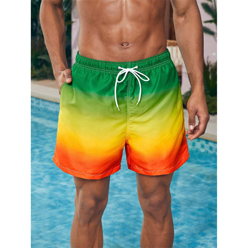 Strandshorts mit Farbverlaufs-Block-Grafik für Herren, bunte 3D-Druckbrett-Shorts, lässige, atmungsaktive kurze Hosen, lockere Badehose