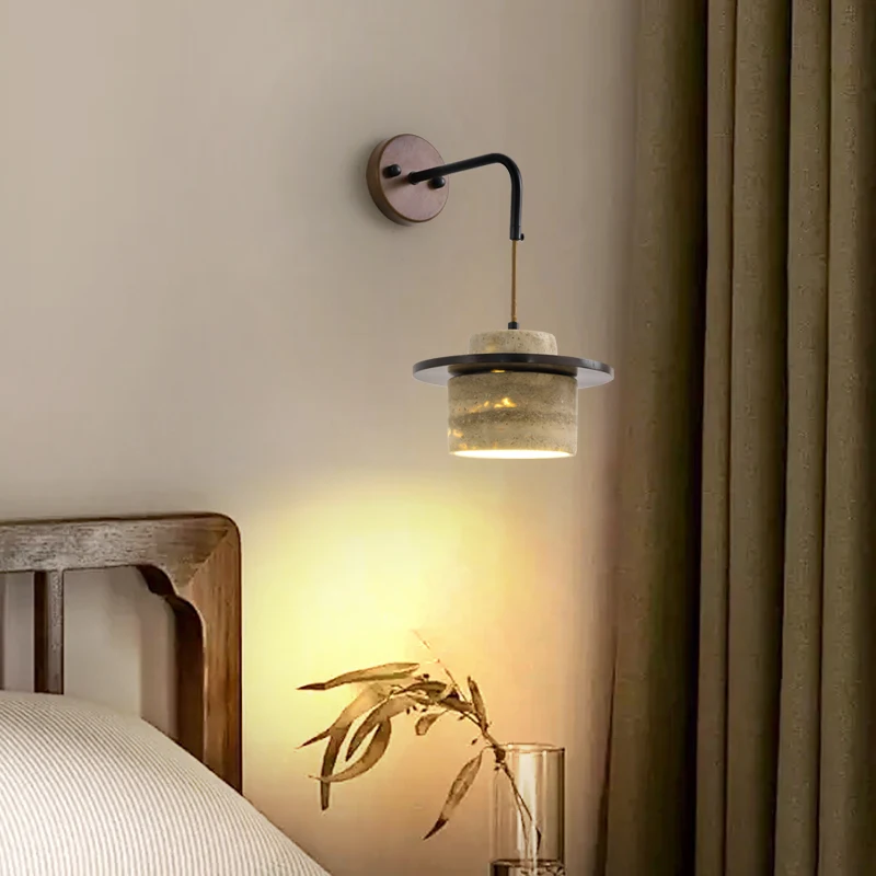 IWHD Saklar Rantai Tarik Lampu Dinding LED Perlengkapan Dapur Restoran Batu Travertine Kuning Kayu Lampu Samping Tempat Tidur Modern Nordic Tempat Lilin