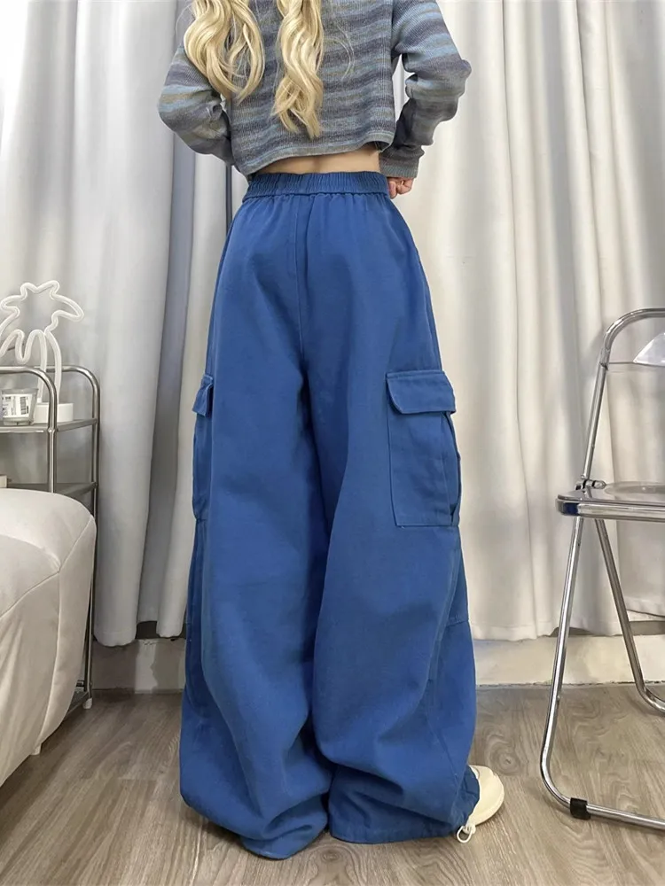 ドローストリング付きレディースバギーカーゴジーンズ、ストレートパンツ、ワイドレッグスウェットパンツ、レディースパンツ、カジュアルウェア、韓国ファッション、y2k,2024