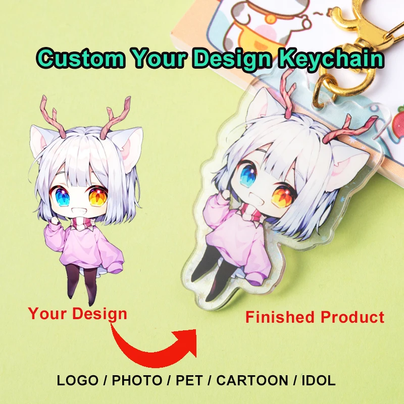 Custom พวงกุญแจการ์ตูน Llavero Key Chain Photo ที่กําหนดเองอะนิเมะ Charms โฮโลแกรมอะคริลิคใสส่วนบุคคล Designer พวงกุญแจ