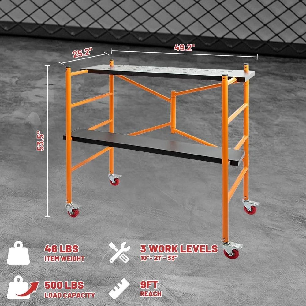 Multi-Purpose Scaffolding Platform Portable Rolling Steel Ladder 800lbs Capacity Locking Wheels Adjustable Height DIY Projects