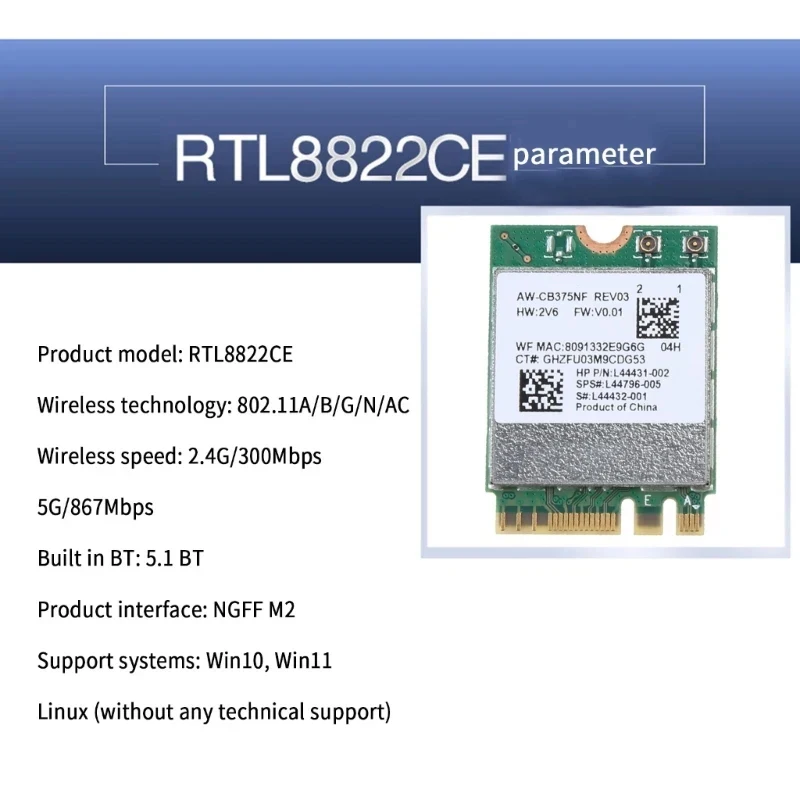 Original RTL8822CE 5G Dual-band Gigabit Built-in Wireless Network Card 5.1 Bluetooth M.2 1200M Suitable