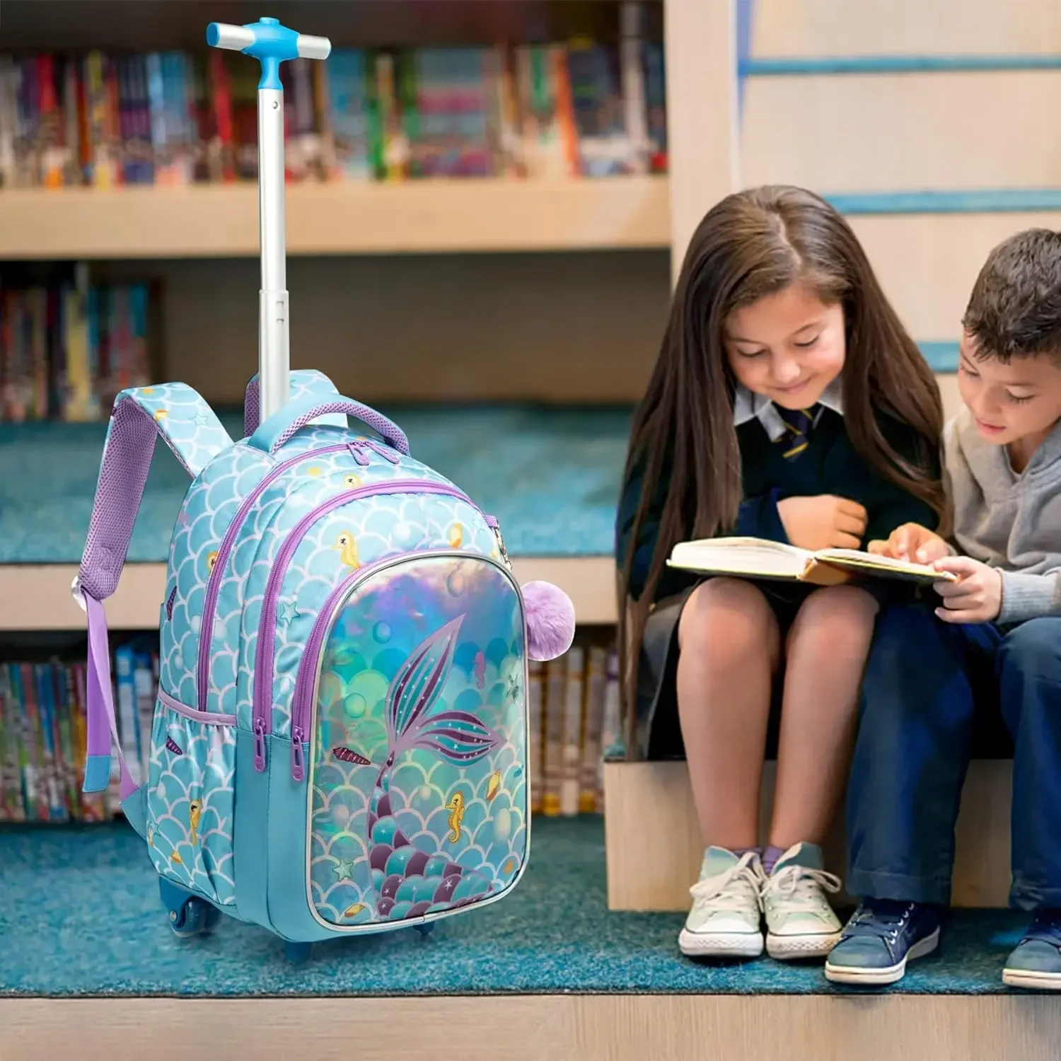 Conjunto de mochila infantil com rodas, mochila escolar com bolsa de almoço isolada e estojo de lápis para meninos e meninas