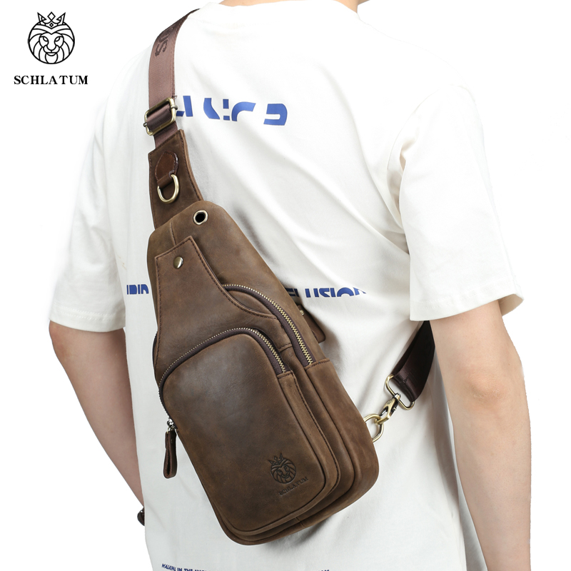 SCHLATUM Brusttasche, 100 % echtes Leder, lässig, dreieckig, Umhängetasche, Design, Reise-Schulterrucksack, Herren-Leder, multifunktionale Tasche
