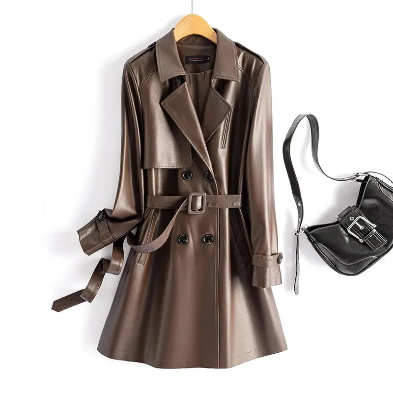 M-2XL Mode Mid-länge Schaffell Graben Mäntel Frauen 2024, Chic Zweireiher Spitze-up Gürtel Damen Echt Split Leder outwear