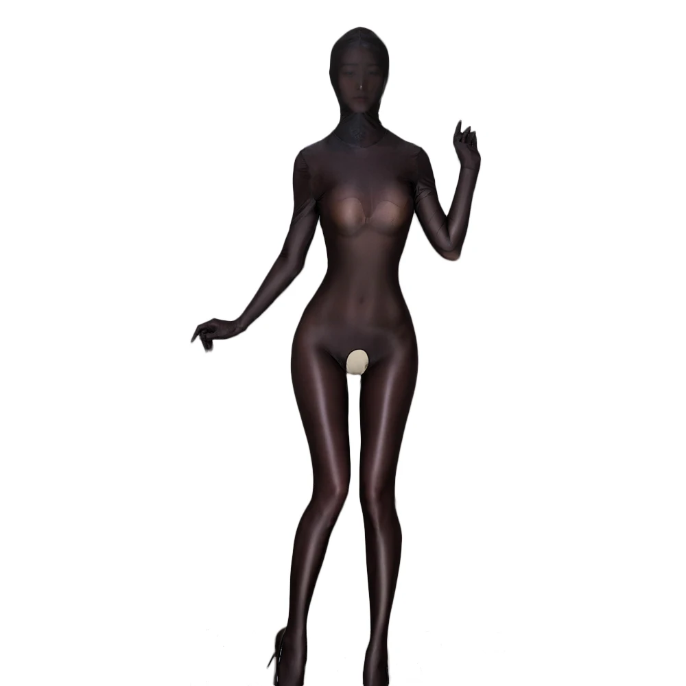 คอสเพลย์แม่บ้าน Leotard น้ํามัน SHINY Glossy เซ็กซี่ Jumpsuits ผู้หญิงฝาครอบ Shaping บอดี้สูท SHEER ดูผ่าน Elastic Tights
